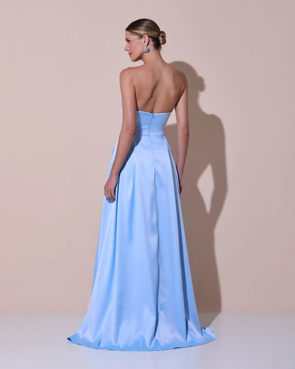 Vestido de Festa Longo Tomara que Caia Cetim Decote Coração Fenda Serenity