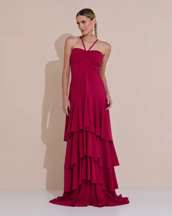 Vestido Longo Crepe com Babado em Camadas Cereja
