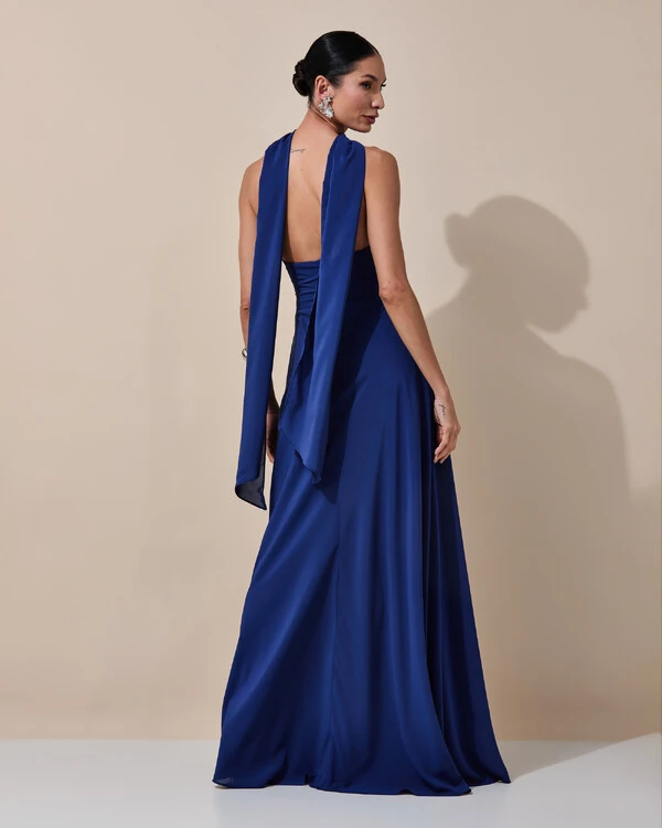 Vestido de Festa Longo Tomara que Caia Crepe Chiffon Decote Coração Lenço Azul Marinho