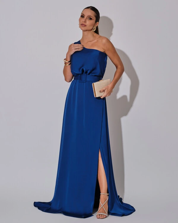 Vestido Longo um Ombro com Busto Blousê e Fenda Azul Royal