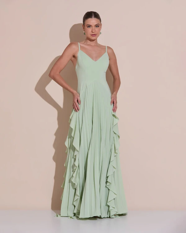 Vestido de Festa Longo Crepe Chiffon Alça Fina Saia Plissada com Babado Cascata Verde Menta New