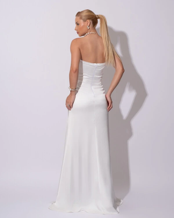 Vestido de Festa Longo Cetim Alfaiataria Tomara que Caia Fenda Branco