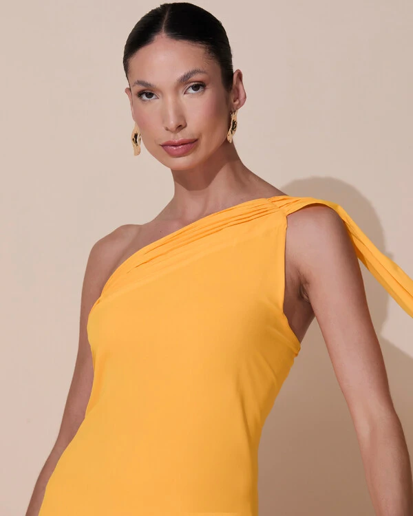 Vestido de Festa Longo Crepe Chiffon Um Ombro Só Drapeado Laranja Manga New