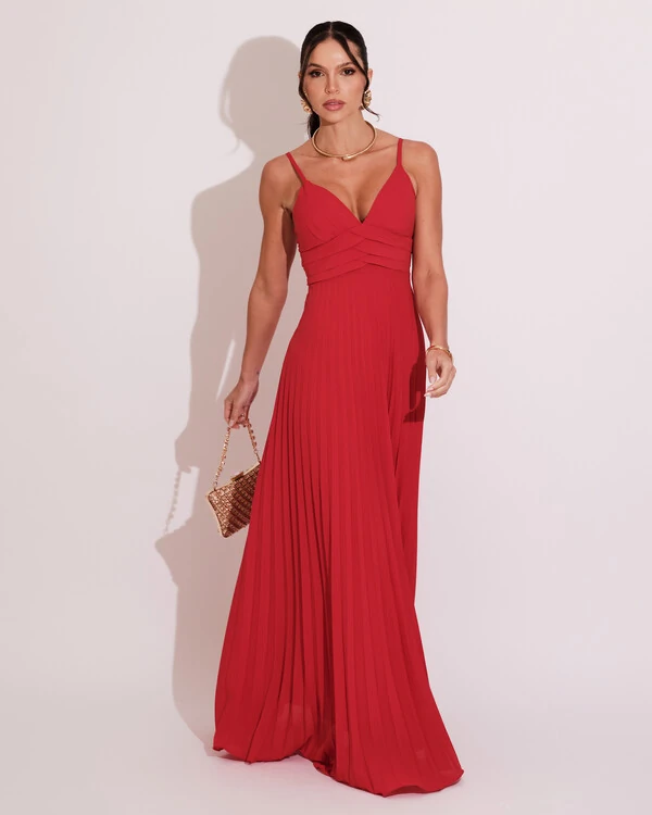 Vestido de Festa Longo Plissado Crepe Chiffon com Alça Vermelho