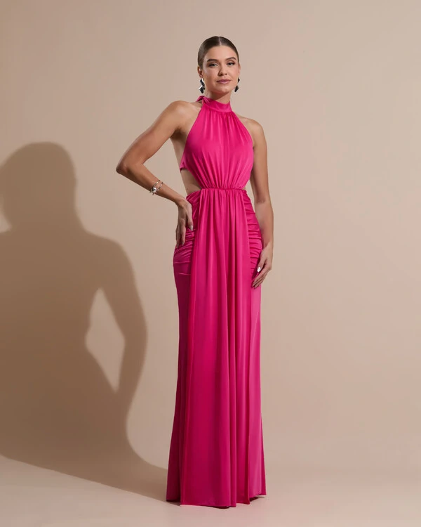 Vestido de Festa Longo Malha Jersey Gola Alta Saia Sereia Pink New