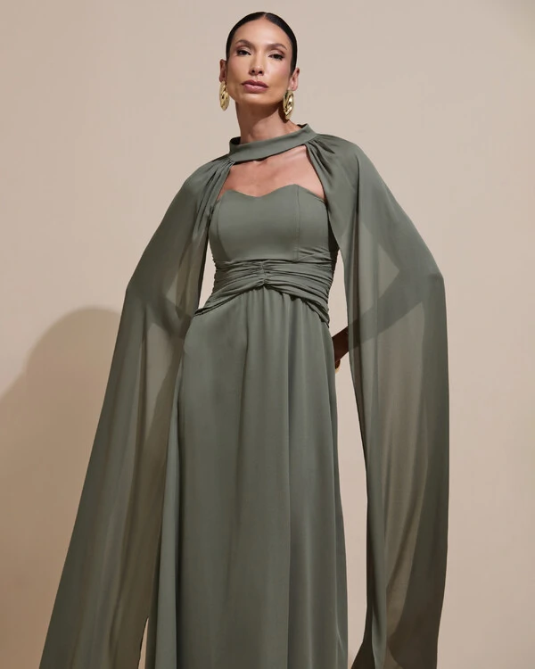 Vestido de Festa Longo Tomara Que Caia Crepe Chiffon Drapeado Capa Verde Oliva