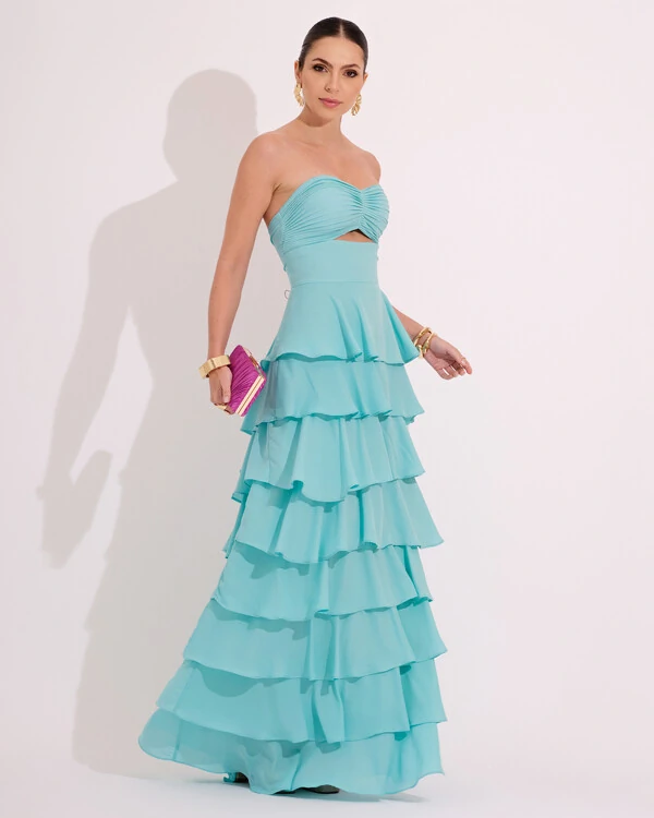 Vestido Longo Crepe Chiffon Tomara que Caia Plissado em Camadas Tiffany