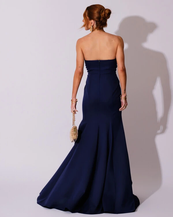 Vestido de Festa Longo Alfaiataria Tomara que Caia Saia Sereia Azul Marinho