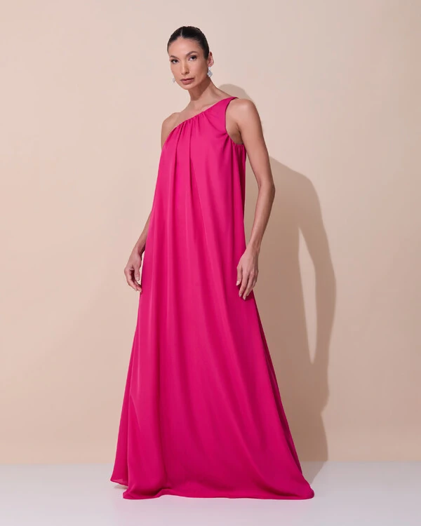 Vestido de Festa Longo Crepe Fluido um Ombro Só com Lenço Pink Escuro