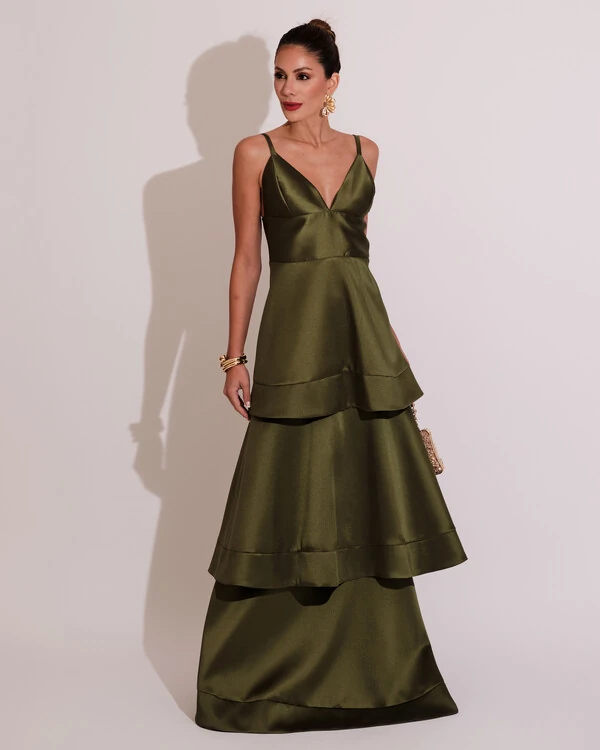 Vestido de Festa Longo Zibeline em Camadas Decote em V com Alças Verde Oliva
