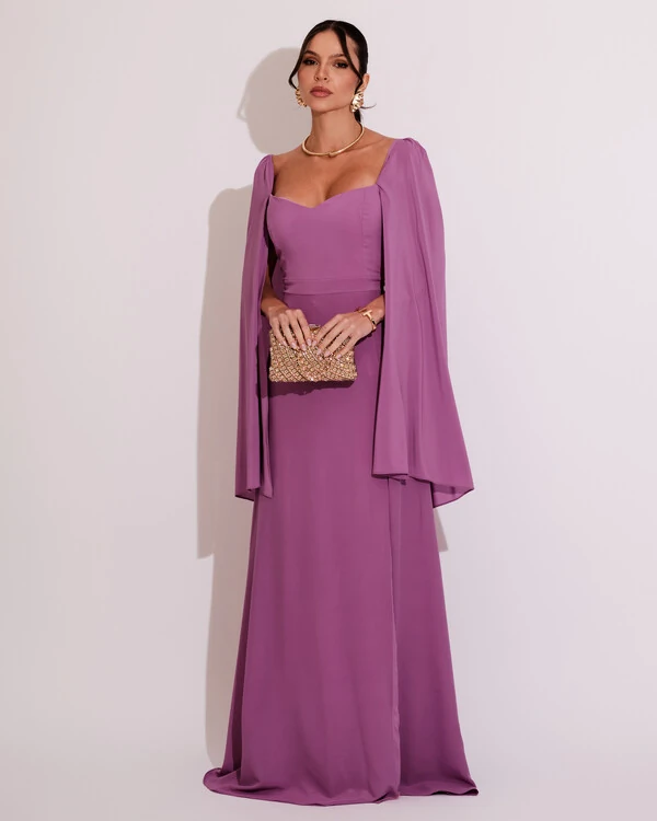 Vestido de Festa Longo com Capa Fúcsia