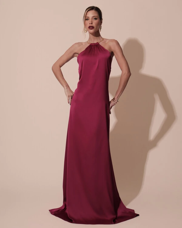 Vestido de Festa Longo Cetim Fluido com Argola Frente Única Beterraba