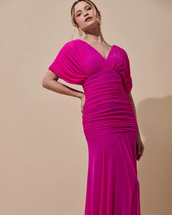 Vestido de Festa Longo Tule Manga Curta Drapeado Pink New