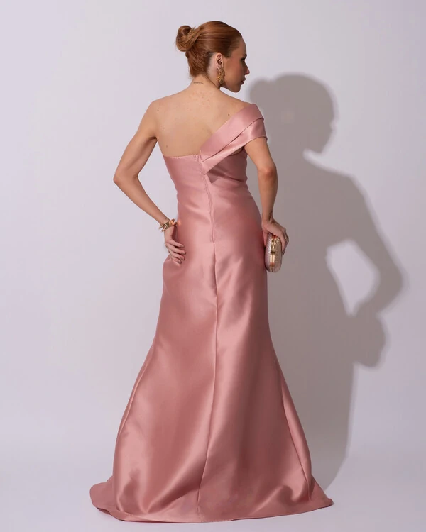 Vestido de festa Longo Zibeline Faixa Drapeada Ombro e Fenda Rose