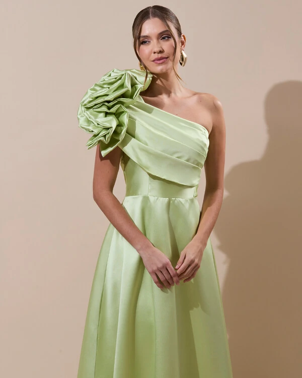 Vestido de Festa Longo Zibeline um Ombro Só Flor Drapeado Verde Lima New