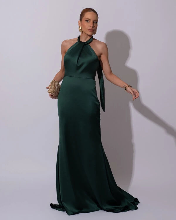 Vestido de Festa Longo em Cetim Alfaiataria com Elastano Frente Única Verde Escuro