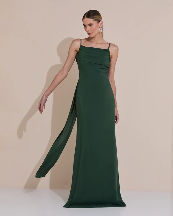 Vestido de Festa Longo Crepe Chiffon Costas Lenço Cauda Verde Escuro New