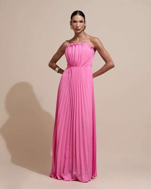 Vestido de Festa Longo Tomara que Caia Plissado Detalhe Rosa