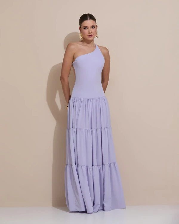 Vestido de Festa Longo Um ombro Só Crepe Chiffon Saia Fluida Lilás Claro