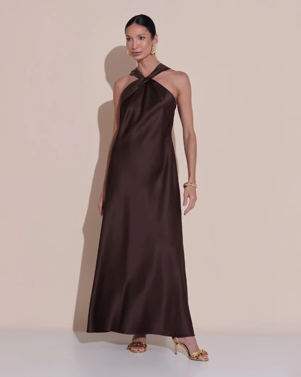 Vestido de Festa Midi Frente Única Cetim Marrom