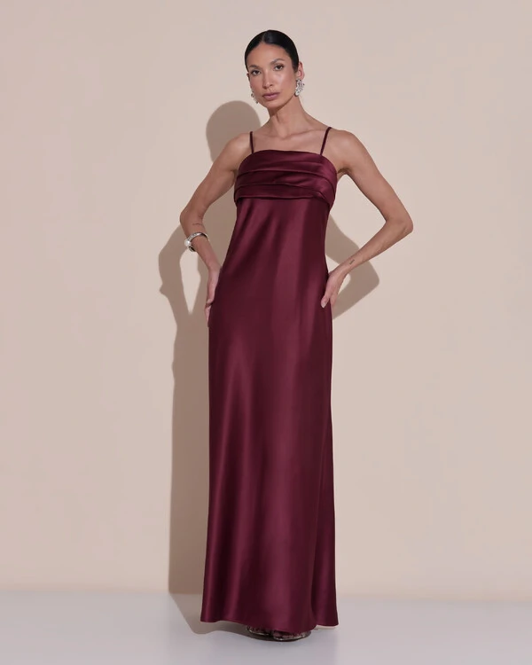 Vestido de Festa Midi Drapeado Cetim Marsala