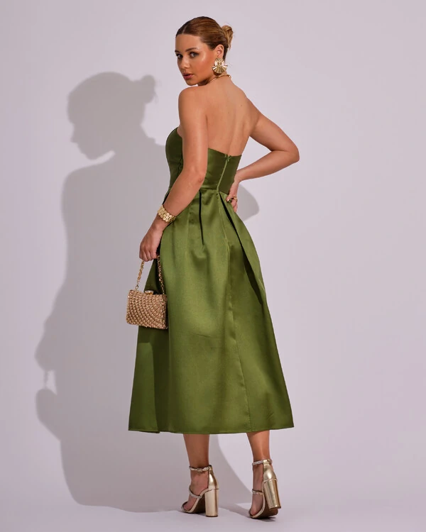 Vestido Midi Tomara que Caia Zibeline Com Pregas Verde Oliva