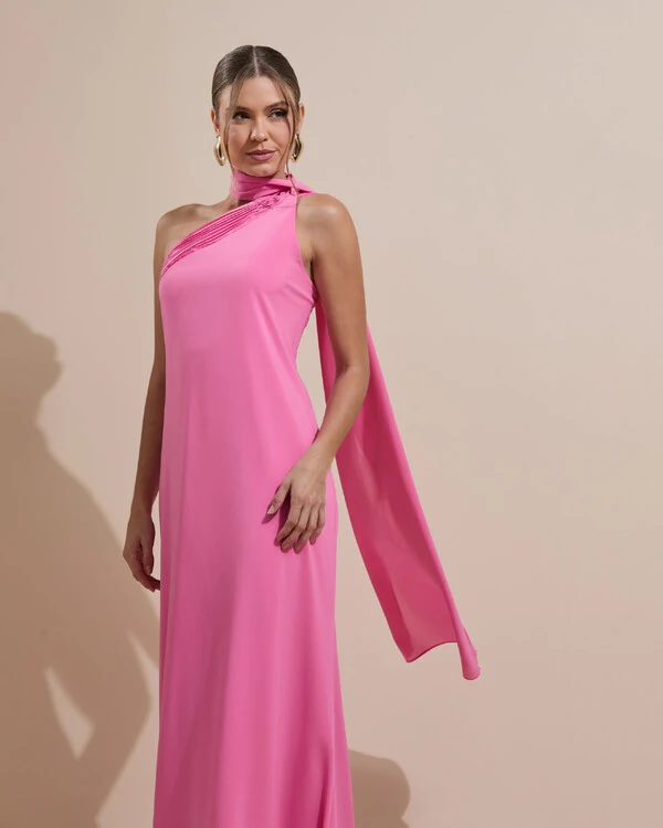 Vestido de Festa Longo Crepe Chiffon Um Ombro Só Drapeado Rosa