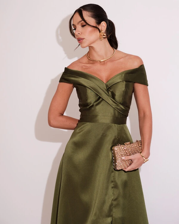 Vestido de Festa Longo Zibeline Ombro a Ombro com Fenda Verde Oliva