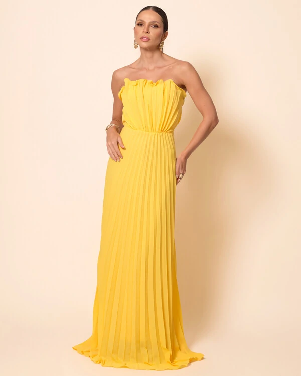 Vestido de Festa Longo Tomara que Caia Plissado Detalhe Amarelo