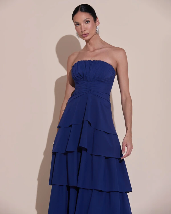 Vestido de Festa Longo Tomara que Caia Drapeado Crepe Chiffon Babados Camadas Azul Marinho