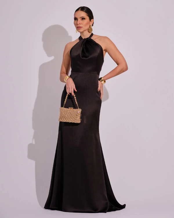 Vestido de Festa Longo em Cetim Alfaiataria com Elastano Frente Única Preto