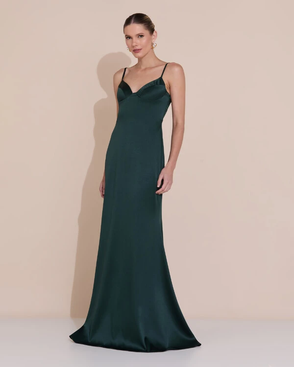 Vestido de Festa Longo Decote Coração Cetim Alfaiataria Trançado Costas Lenço Verde Escuro