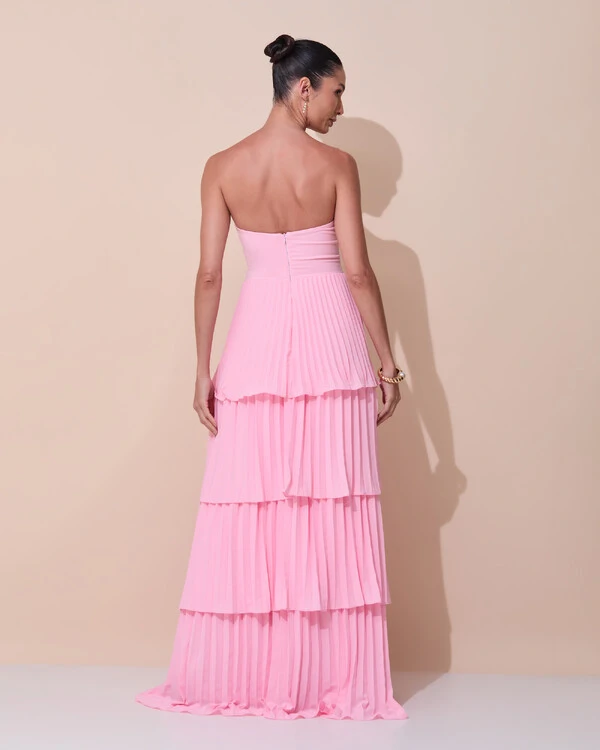 Vestido de Festa Longo Tomara que Caia Crepe Chiffon Plissado Camadas Rosa Claro
