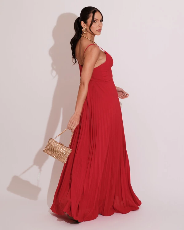 Vestido de Festa Longo Plissado Crepe Chiffon com Alça Vermelho
