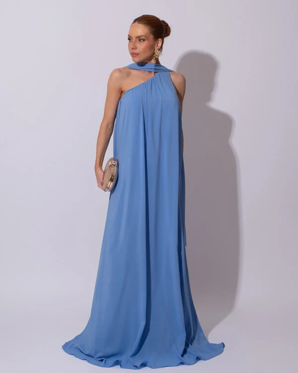 Vestido de Festa Longo Crepe Fluido um Ombro Só com Lenço Azul Atlantis