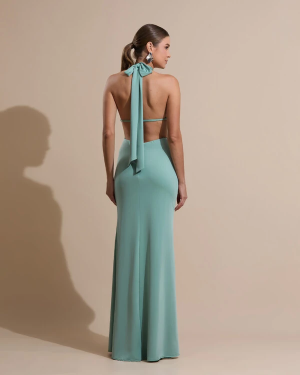 Vestido de Festa Longo Malha Jersey Gola Alta Saia Sereia Verde Menta