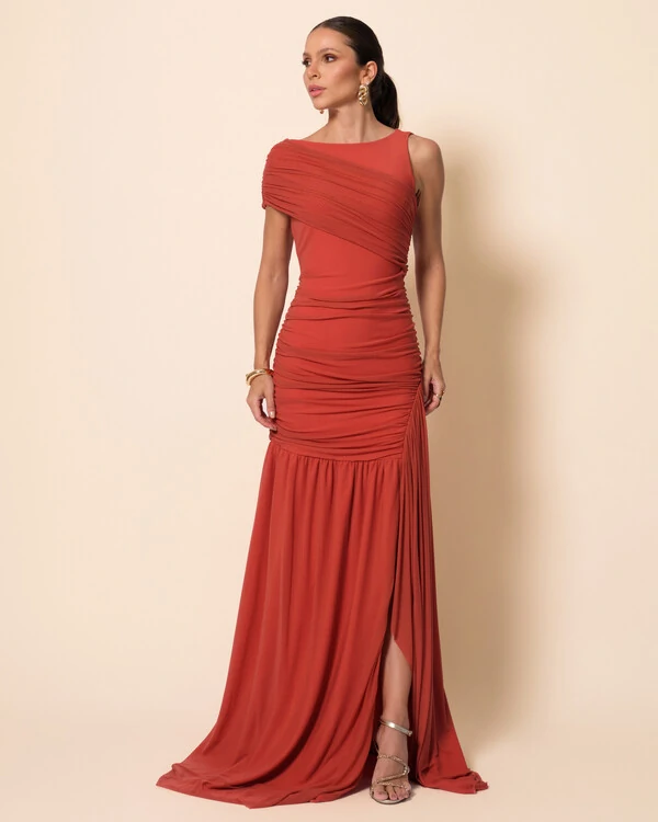 Vestido de Festa Longo Tule Faixa Detalhe Drapeado Terracota