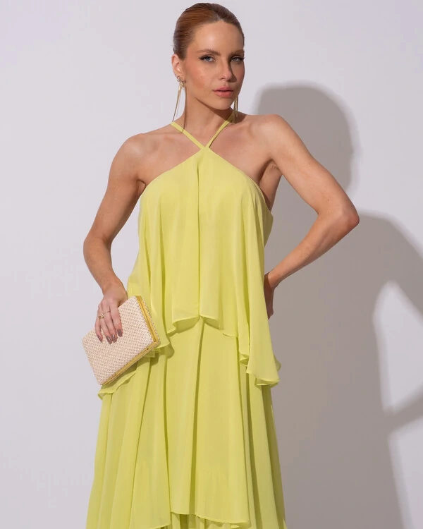 Vestido Longo Crepe Chiffon Babado em Camadas Verde Lima