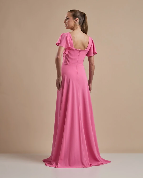 Vestido de Festa Longo Crepe Chiffon Manga Babado e Fenda Rosa
