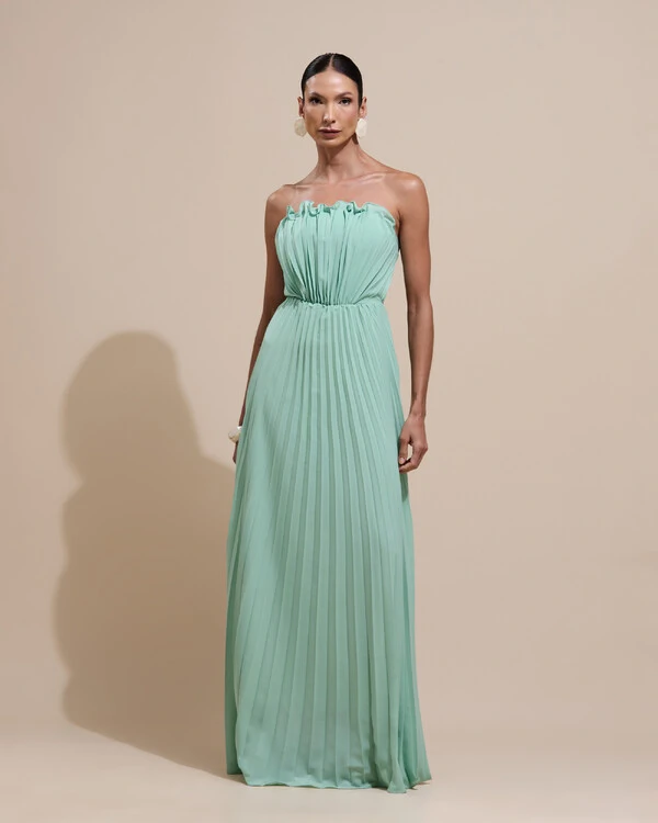 Vestido de Festa Longo Tomara que Caia Plissado Detalhe Verde Menta