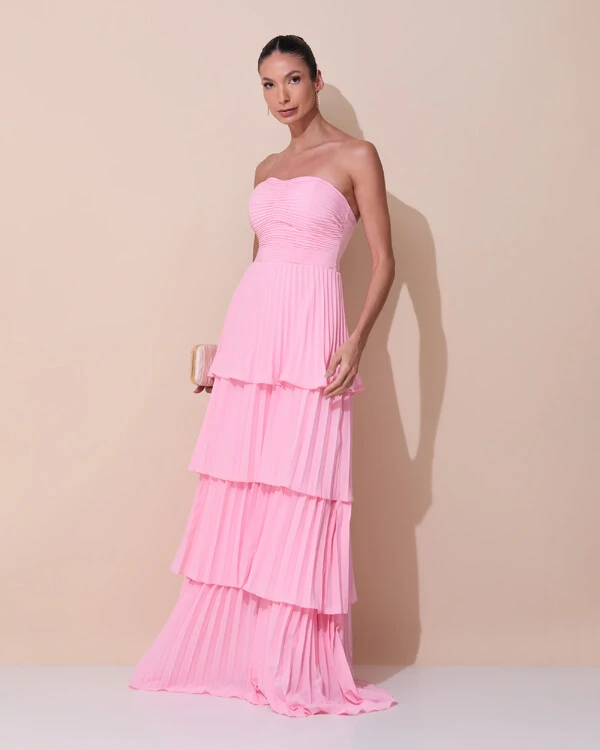 Vestido de Festa Longo Tomara que Caia Crepe Chiffon Plissado Camadas Rosa Claro