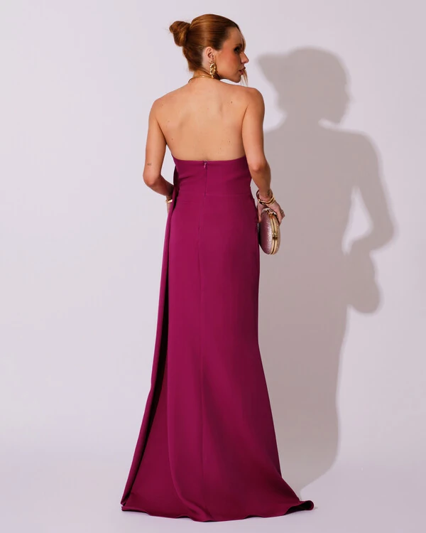 Vestido de Festa Longo Alfaiataria Tomara que Caia Drapeado Faixa Fúcsia Beterraba