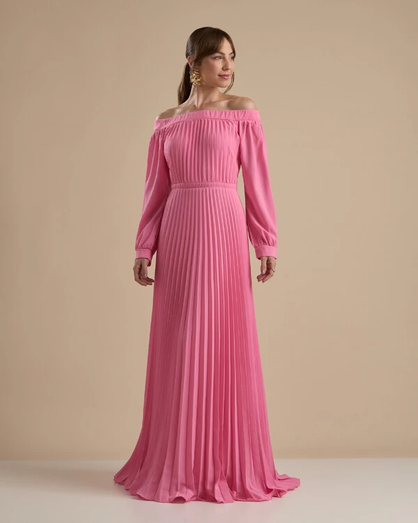 Vestido de Festa Longo Crepe Chiffon Plissado Ombro a Ombro Rosa