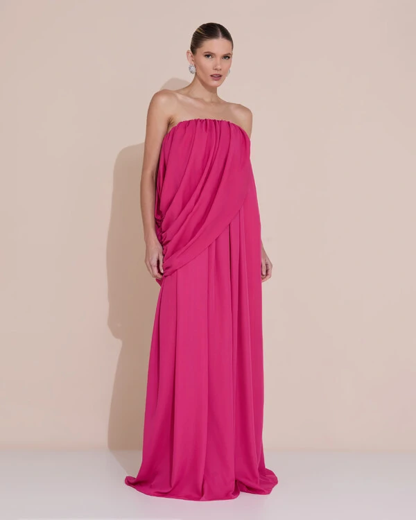 Vestido de Festa Longo Tomara Que Caia Crepe Chiffon Drapeado Pink Escuro