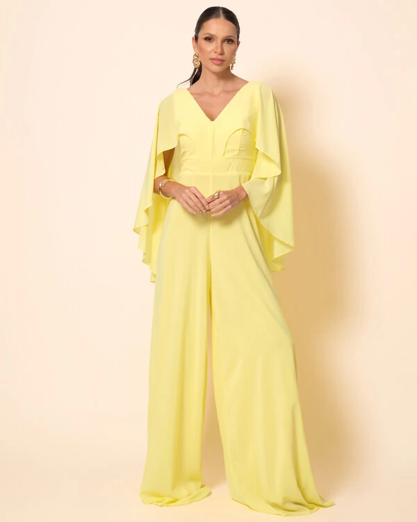 Macacão de Festa Longo Crepe Chiffon com Capa Amarelo Manteiga