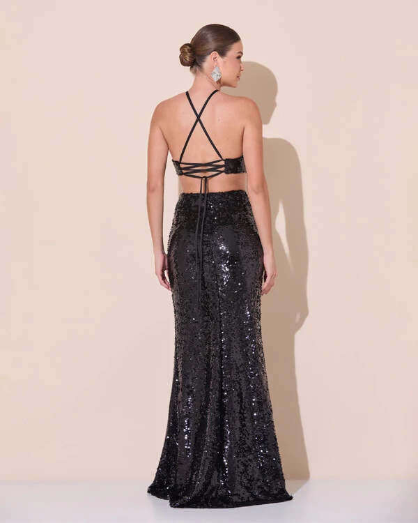 Vestido de Festa Longo Frente Única Paetê Recortes Costas Trançada Preto