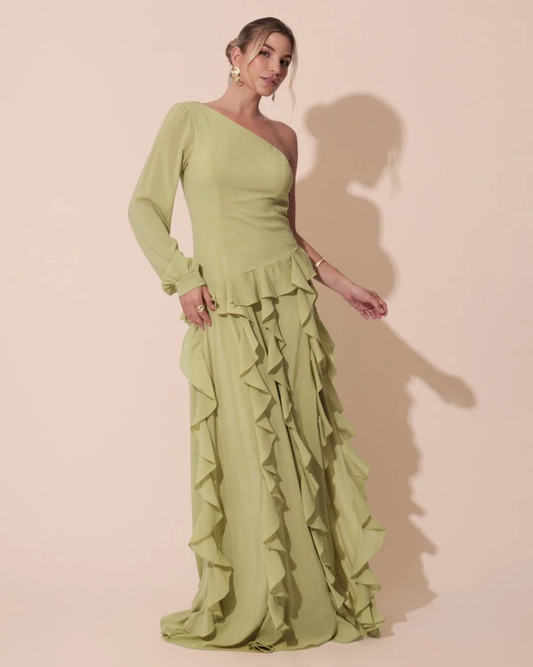 Vestido de Festa Longo Crepe Um Ombro Só Manga Longa e Babados Cascata Verde Garden