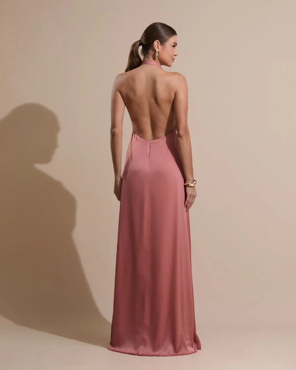 Vestido de Festa Longo Frente Única Degagê Cetim Fluido Rosa Blush