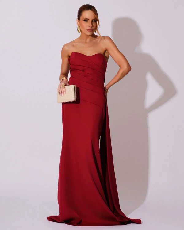 Vestido de Festa Longo Alfaiataria Tomara que Caia Drapeado Faixa Marsala