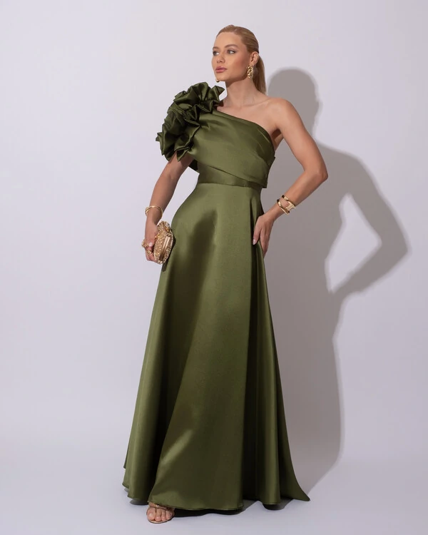 Vestido de Festa Longo Zibeline um Ombro Só Flor Drapeado Verde Oliva